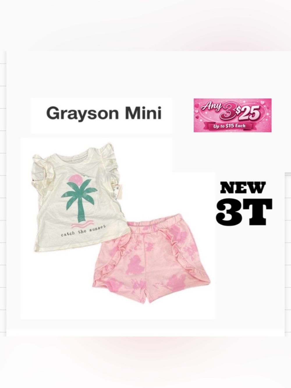 Grayson Mini shirt Flutter sleeve pink shorts set size 3T